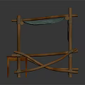Crossed Wooden Sticks Frame With Green Striped Cloth And Wooden Bench