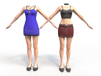Women's Fashion Clothing Set Including Blue Dress Black Top Brown Studded Skirt And Black Shoes 3d model