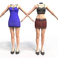 Women's Fashion Clothing Set Including Blue Dress Black Top Brown Studded Skirt And Black Shoes
