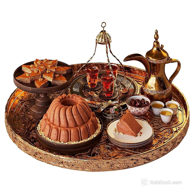 Traditional Arabic Food Tray With Assorted Desserts Tea Pot And Nuts 3d model 