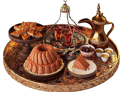 Traditional Arabic Food Tray With Assorted Desserts Tea Pot And Nuts 3d model