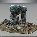 Stone Giant Character With Rocky Texture Kneeling On Debris Covered Ground And Snowy Back