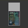 Narrow Urban Corridor With Teal Walls Graffiti Trash Can Garbage Bags Staircase And Techno Sign