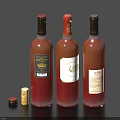 Three Glass Wine Bottles With Red And Gold Caps On Dark Background