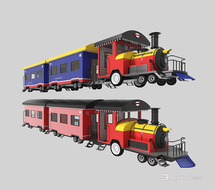 Colorful Model Train Featuring Red Blue Carriages and Yellow Locomotive 3d model 
