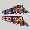 Colorful Model Train Featuring Red Blue Carriages and Yellow Locomotive
