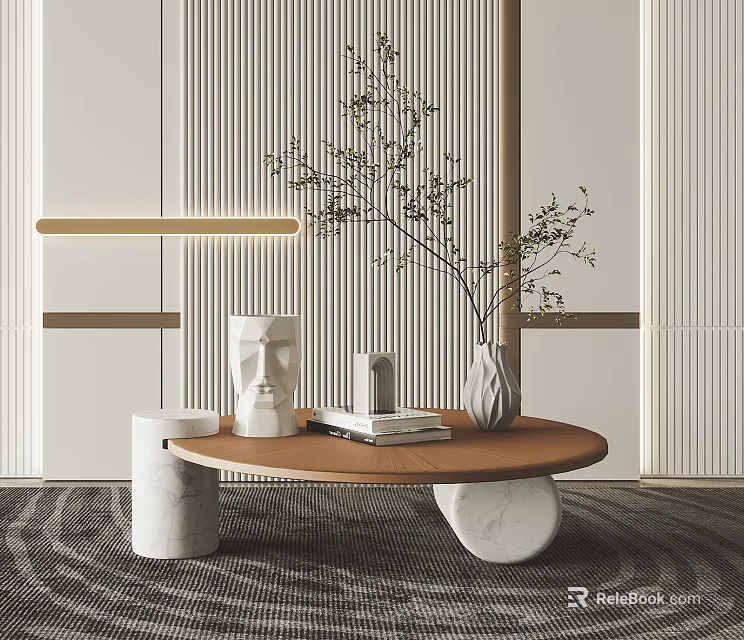 Elegant Modern Coffee Table With Wooden Top Marble Legs And Decorative Vase Books Sculpture 3d model 