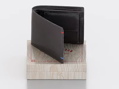 Classic Black Leather Wallet Placed On Wooden Box With Simple Elegant Design 3d model