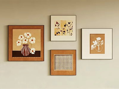 Four Decorative Wall Paintings With Flower Vase And Geometric Patterns On Beige Wall 3d model