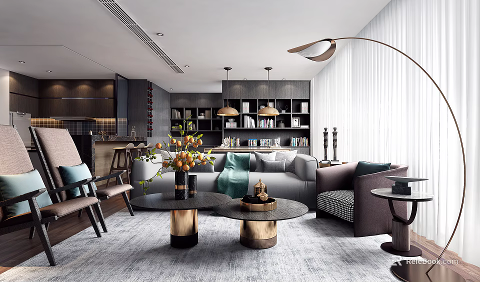 Modern Living Room Interior With Sofa Coffee Tables Floor Lamp And Bookshelves 3d model 