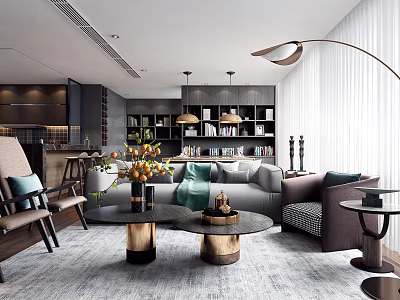 Modern Living Room Interior With Sofa Coffee Tables Floor Lamp And Bookshelves 3d model
