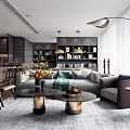 Modern Living Room Interior With Sofa Coffee Tables Floor Lamp And Bookshelves