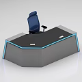 Modern Office Interior Design With L shaped Desk Blue LED Lights And Ergonomic Chair