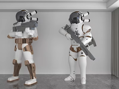 White and Bronze Astronaut Decorative Figurine Set With Weapon For Indoor Decoration 3d model
