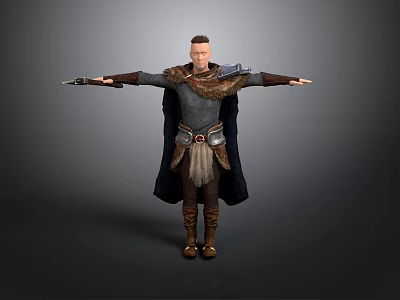 Man Dressed in Medieval Cloak and Leather Armor With Outstretched Arms 3d model