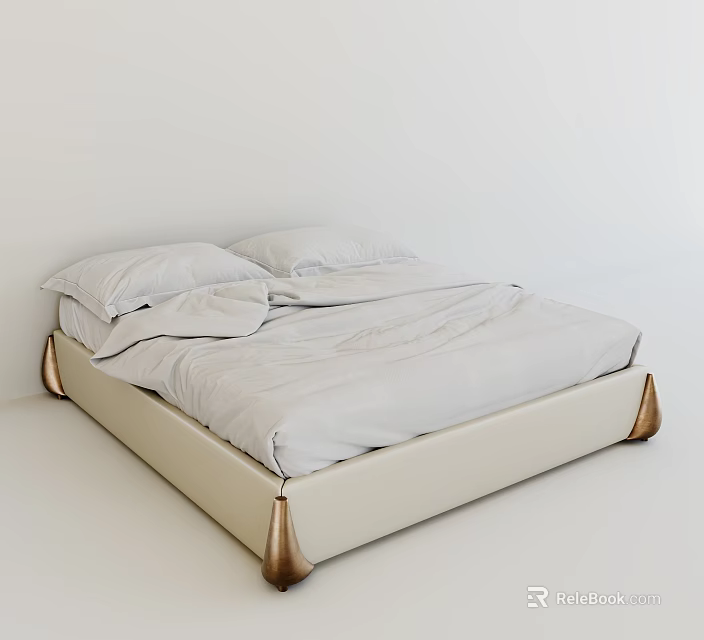 Minimalist Double Bed With Beige Frame Brass Legs And White Bedding 3d model 