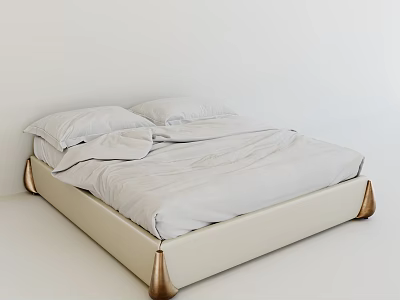 Minimalist Double Bed With Beige Frame Brass Legs And White Bedding 3d model