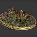 Ancient Altar Platform On Circular Base With Candelabra Green Plants And Glowing Gems