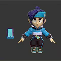 3D Cartoon Character With Purple Hair Blue Jacket Roller Skates And Blue Device