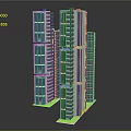 Multiple Modern Office Buildings With Glass Curtain Walls And Green Foundation Exterior