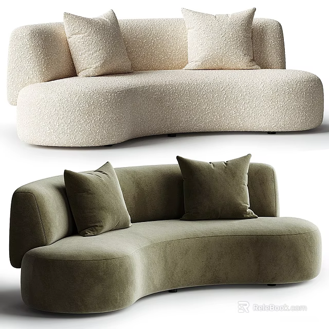 Curved Sectional Sofa in Beige and Olive Green Velvet Fabric with Decorative Cushions 3d model 