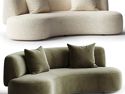 Curved Sectional Sofa in Beige and Olive Green Velvet Fabric with Decorative Cushions 3d model