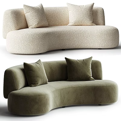 Curved Sectional Sofa in Beige and Olive Green Velvet Fabric with Decorative Cushions 3d model