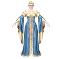 Elegant Female Fantasy Character In Blue And Gold Embroidered Gown With Flowing Sleeves