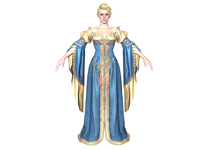 Elegant Female Fantasy Character In Blue And Gold Embroidered Gown With Flowing Sleeves 3d model