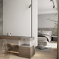 Contemporary Bedroom Interior Design With Soft Headboard Bed Pillows Blanket White Wardrobe Round Stool And Green Plant