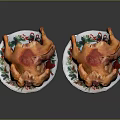 Two Golden Roast Chicken on Decorative Patterned Plates Against Dark Background 3d model