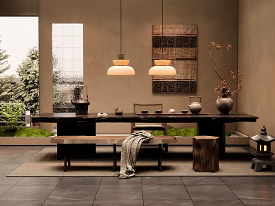 Traditional Tea Room Interior With Wooden Table Tea Sets Pendant Lights Wall Art And Bench 3d model