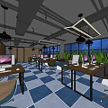 Modern Internet Cafe Interior With Computers Tables Bookshelves Hanging Lights And Blue White Checkered Floor