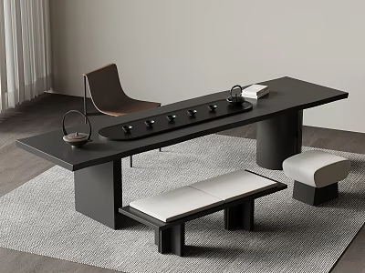 Modern Black Tea Table With Brown Chair White Benches And Tea Set 3d model