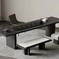 Modern Black Tea Table With Brown Chair White Benches And Tea Set
