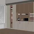 Modern Wine Cabinet with Wine Bottles Open Shelving Glassware and Microwave in Light Wood Kitchen