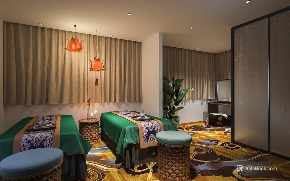 Luxurious SPA Sauna Interior With Massage Beds Pendant Lights Green Plants And Decorative Curtains 3d model 