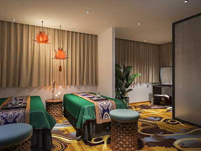 Luxurious SPA Sauna Interior With Massage Beds Pendant Lights Green Plants And Decorative Curtains 3d model