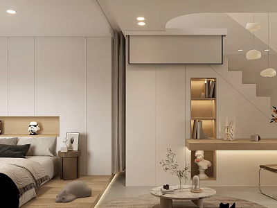 Modern Minimalist Apartment Interior Design With Bedroom And Staircase Storage 3d model