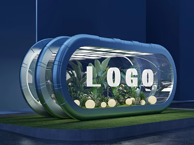 Capsule Shaped Transparent Art Installation With Green Plants Central LOGO And Surrounding Lights On Grass 3d model