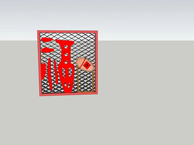 Red Decorative Feature Wall With Fu Character And Grid Pattern Design 3d model