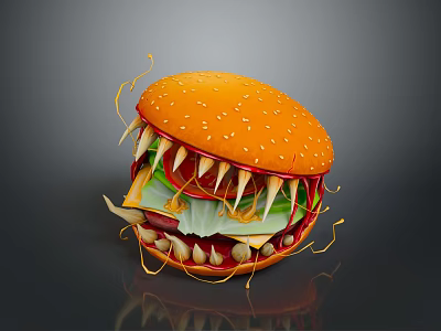 Monster Like Burger With Sharp Teeth Lettuce Tomato And Dripping Sauce 3d model