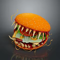 Monster Like Burger With Sharp Teeth Lettuce Tomato And Dripping Sauce