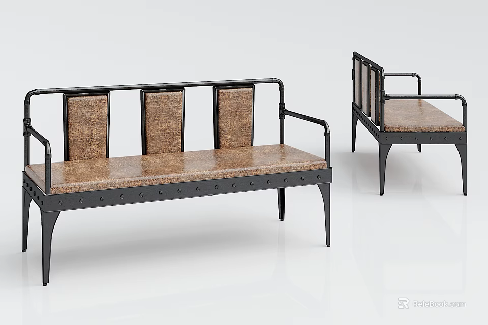 Modern Industrial Three Seater Sofa With Black Metal Frame Brown Seat And Rivet Details 3d model 
