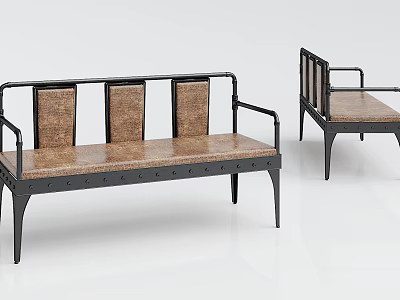 Modern Industrial Three Seater Sofa With Black Metal Frame Brown Seat And Rivet Details 3d model