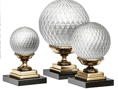 Three Pieces Transparent Glass Spherical Trophy With Golden Black Base Ornamental Design 3d model