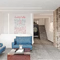 Modern Living Room Interior With Blue Sofa Coffee Table Bookshelves Staircase And Wall Art