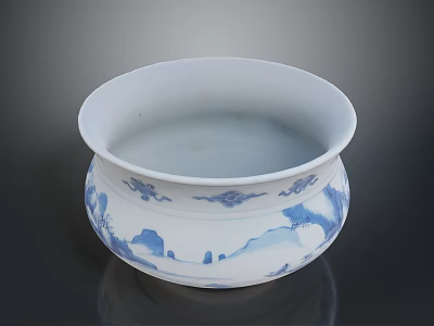 Blue And White Porcelain Basin With Traditional Landscape Patterns And Ornamental Ceramic Art 3d model