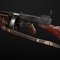 Vintage Submachine Guns With Wooden Stocks Black Metal Parts Drum Magazines And Scattered Bullets