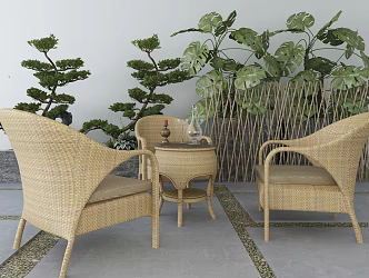 Southeast Asia Outdoor Table and Chair Coffee Table Potted Plant Combination 3d model